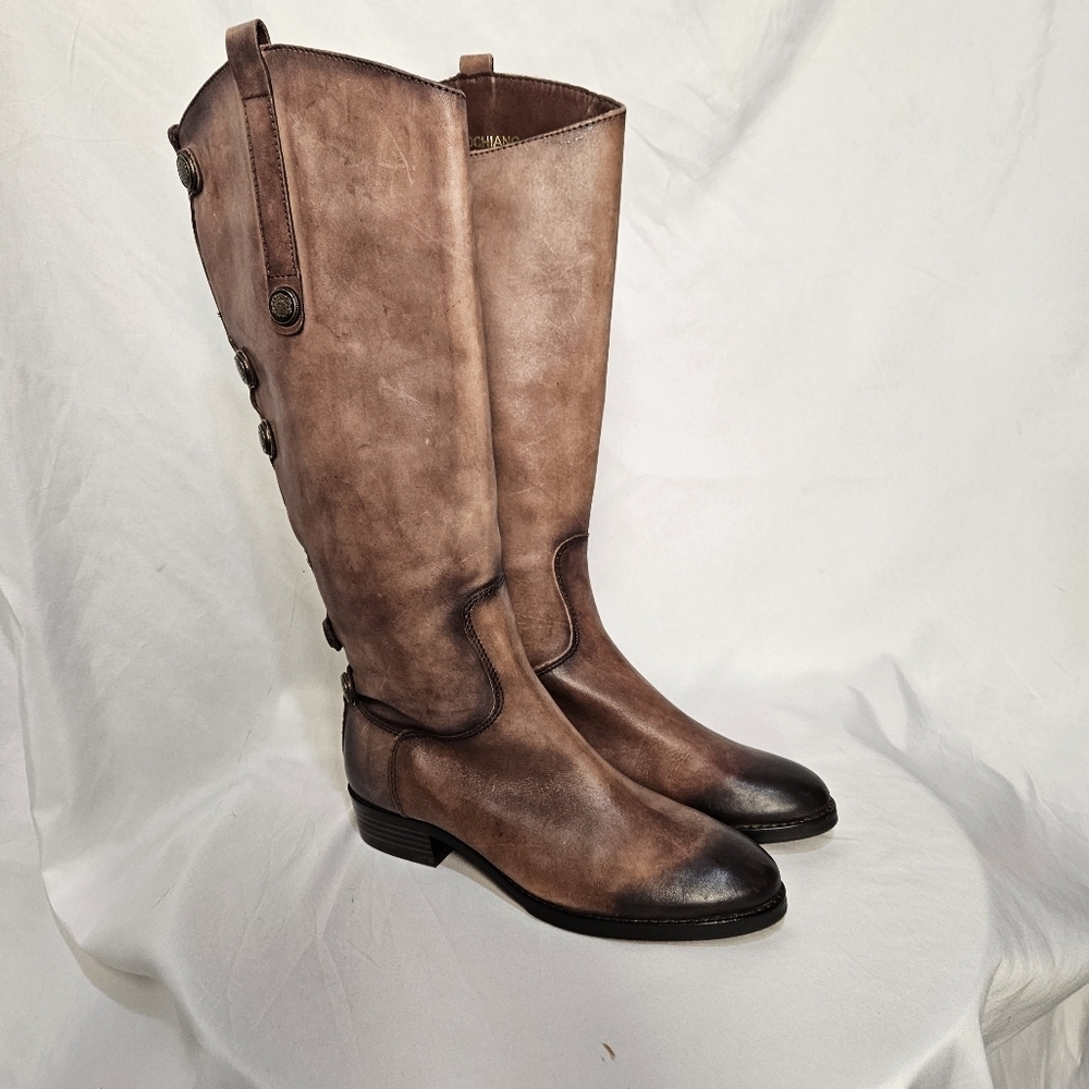 Arturo Chiang Women's 7.5 Tan Distressed Button Embellished Tall Riding Boots